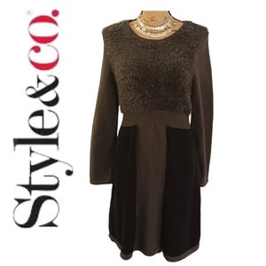 Style & Co. Women's Knit Sweater Dress Fuzzy Colorblock Gray/Black Size L
